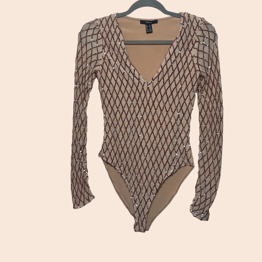 Forever 21 Sequin Mesh‎ Bodysuit Long Sleeve V Neck Sparkly Party
